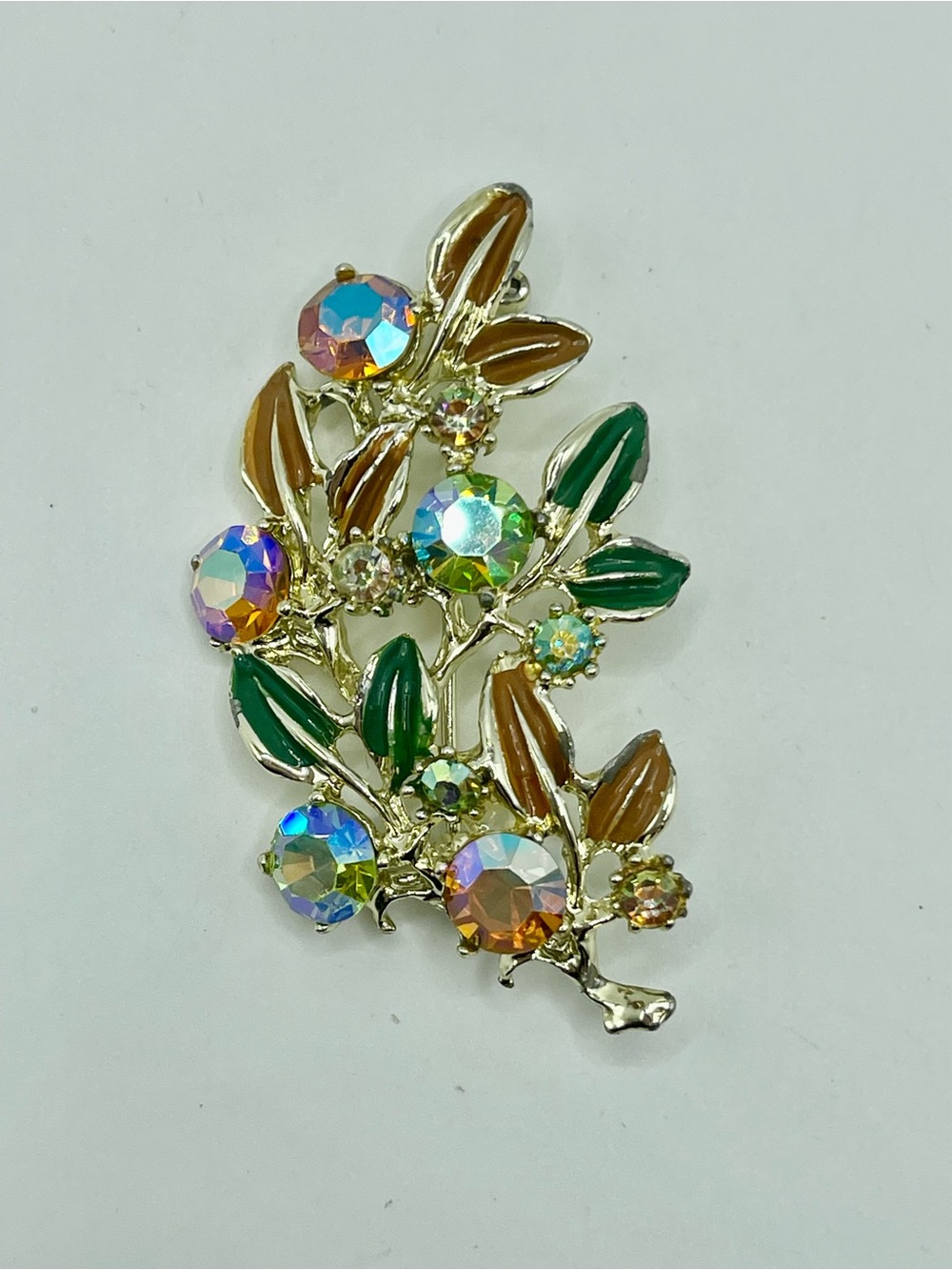 Vintage PAM Gold Tone Floral AB Leaf Brooch